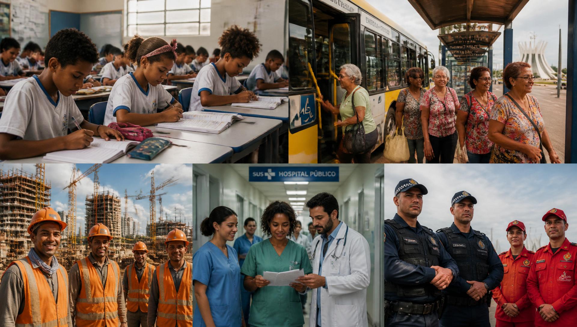 Cidadãos do DF: crianças estudando, senhoras no ônibus, trabalhadores da construção, profissionais de saúde, policiais e bombeiros